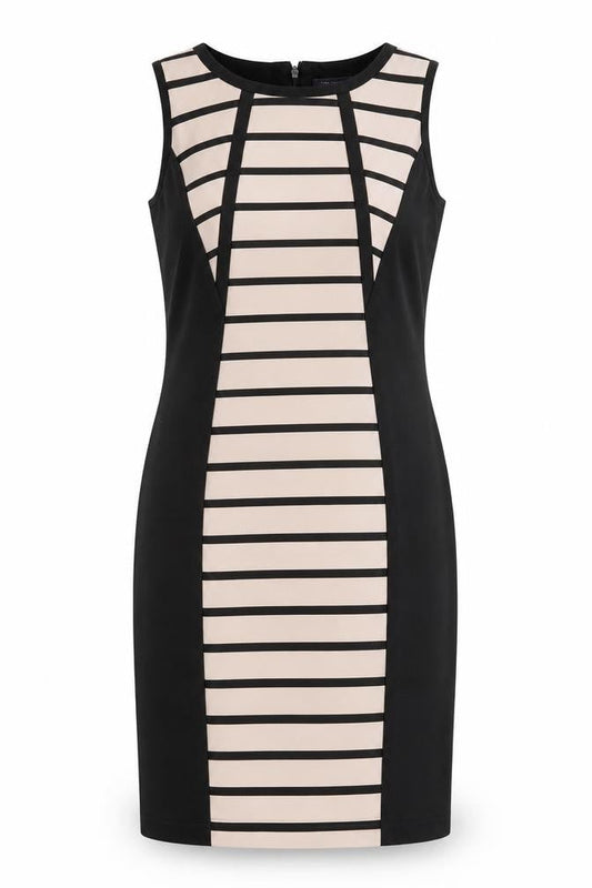 Marks & Spencer Womens Black Striped Cotton Pencil Dress Size 12 Round Neck Zip