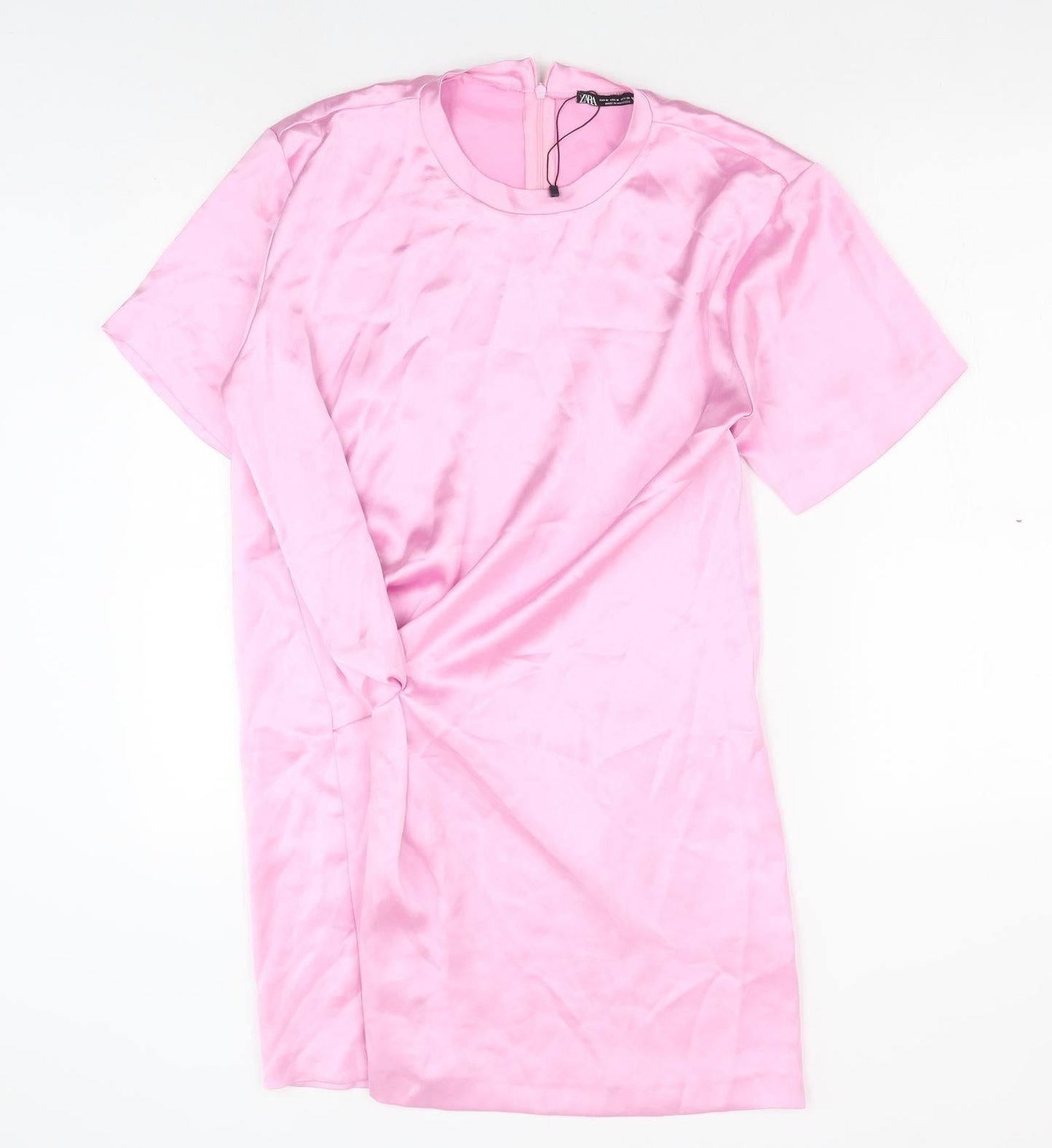 Zara Womens Pink Polyester T-Shirt Dress Size M Crew Neck Zip - Twist Detail