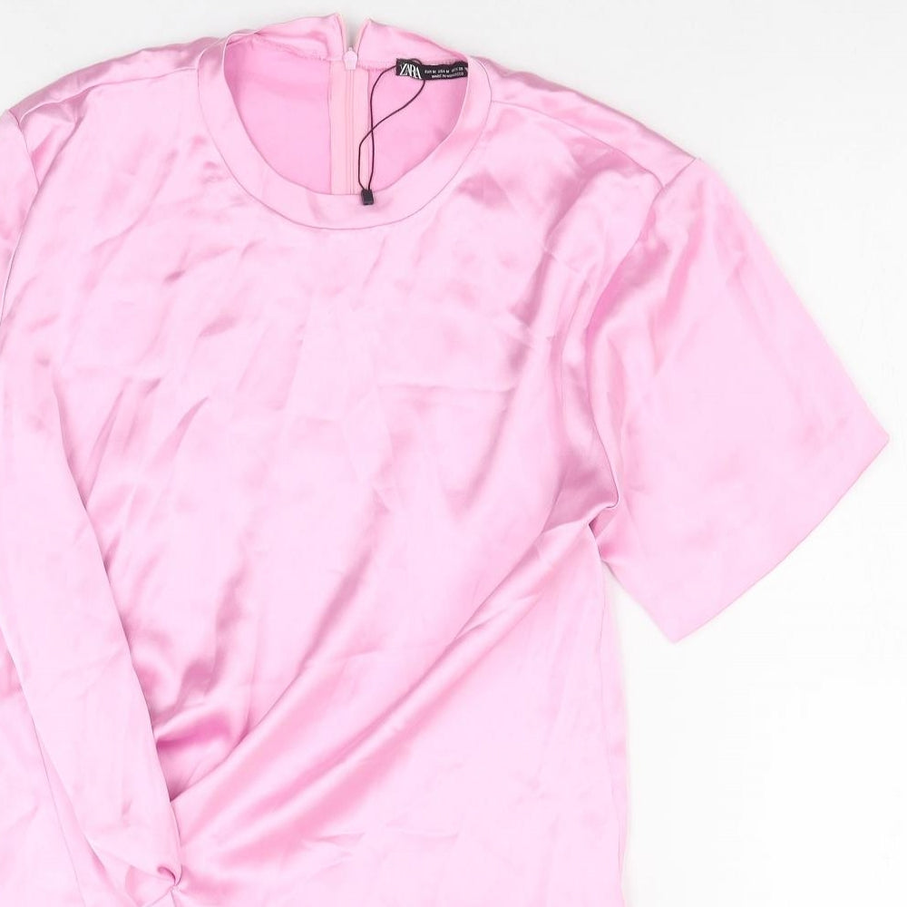 Zara Womens Pink Polyester T-Shirt Dress Size M Crew Neck Zip - Twist Detail