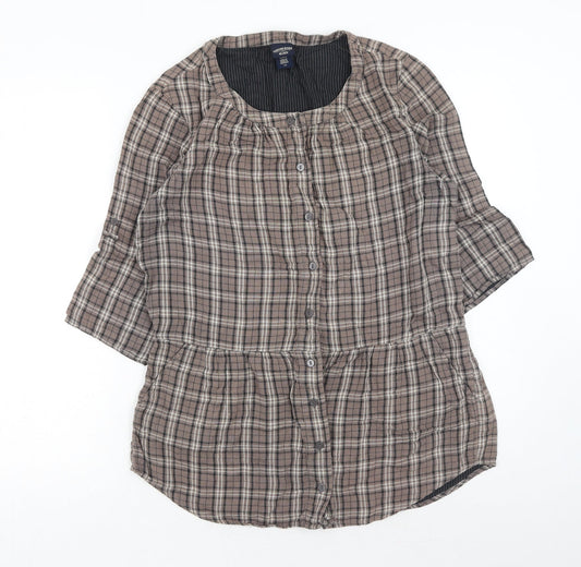 Canyon River Blues Womens Brown Plaid Cotton Basic Button-Up Size L Scoop Neck