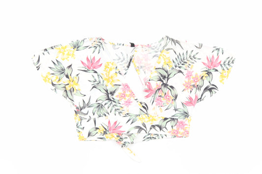 Divided Womens White Floral Polyester Cropped T-Shirt Size M V-Neck