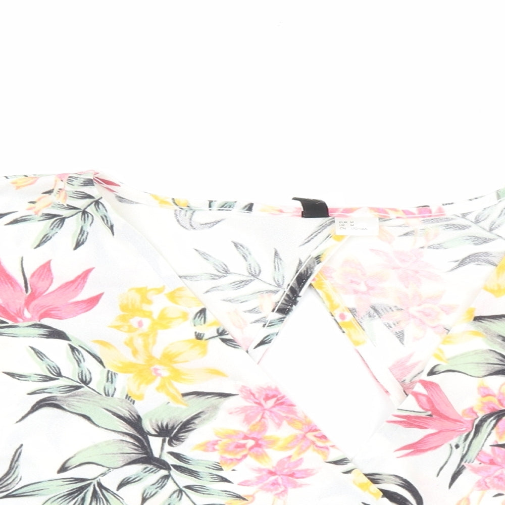 Divided Womens White Floral Polyester Cropped T-Shirt Size M V-Neck