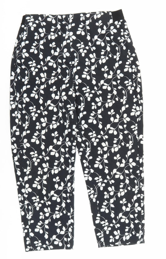 Marks and Spencer Womens Black Floral Cotton Trousers Size 10 L21 in Slim Zip