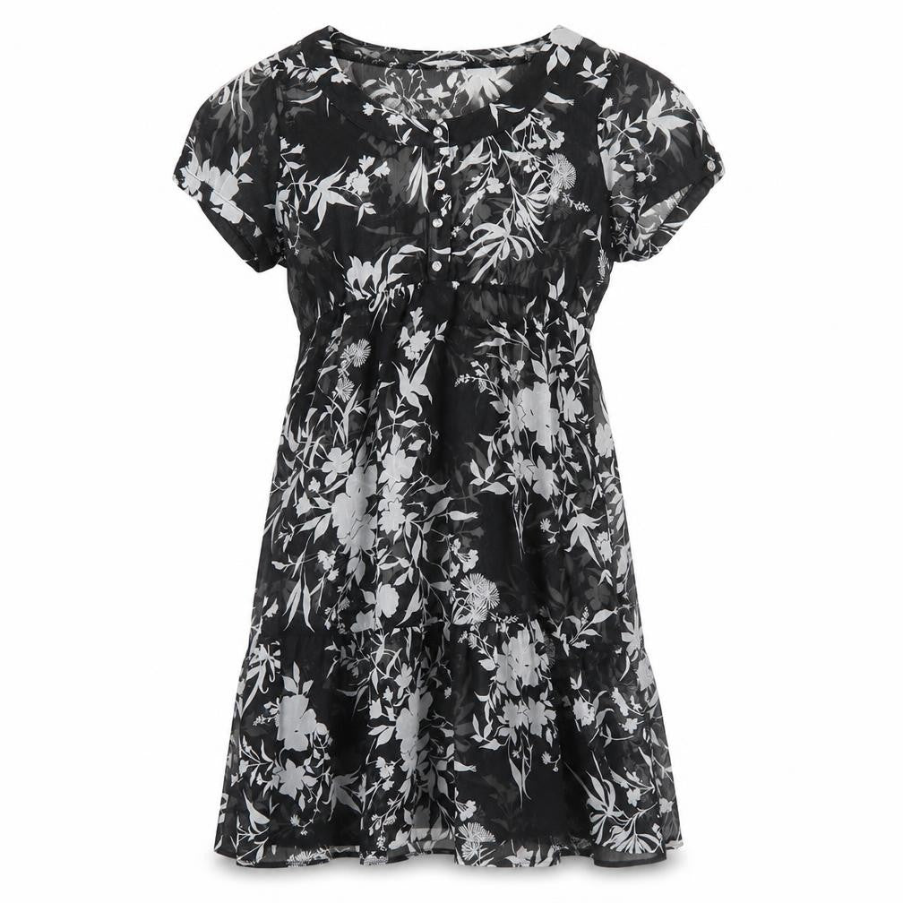 M&Co Womens Black Floral Polyester A-Line Size 10 Boat Neck Button