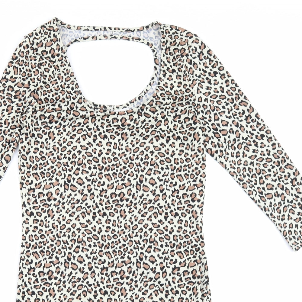 VERO MODA Womens Brown Animal Print Viscose Bodycon Size S Scoop Neck Pullover - Leopard print