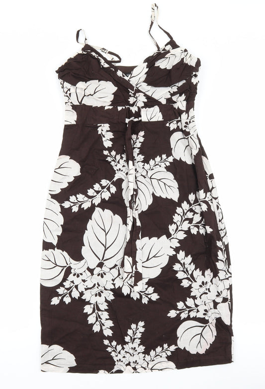 Warehouse Womens Brown Floral Cotton Slip Dress Size 10 V-Neck Zip