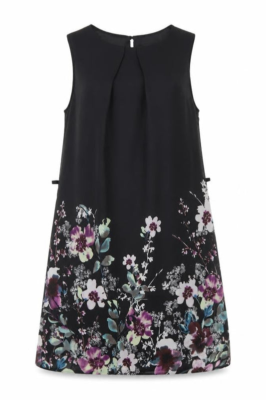 Primark Womens Black Floral Polyester Shift Size 6 Boat Neck Button