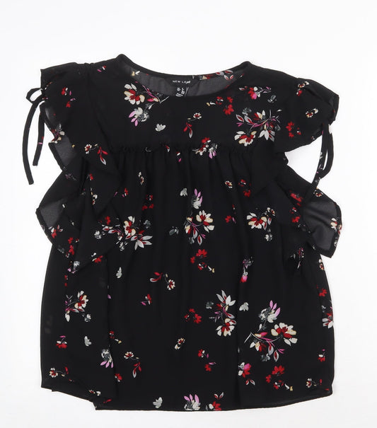 New Look Womens Black Floral Polyester Basic Blouse Size 8 Boat Neck - Tie Sleeve Detail