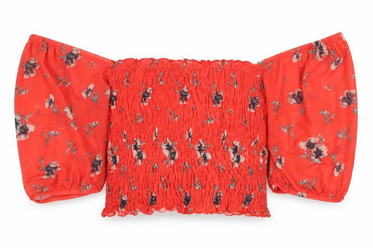 River Island Womens Red Floral Polyester Cropped Blouse Size 6 Off the Shoulder - Shirred Bardot