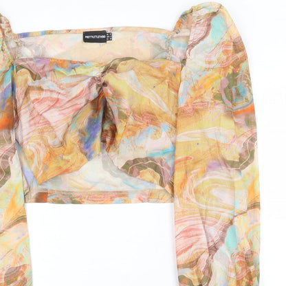 PRETTYLITTLETHING Womens Multicoloured Geometric Polyester Cropped Blouse Size 10 Square Neck - Marble Print