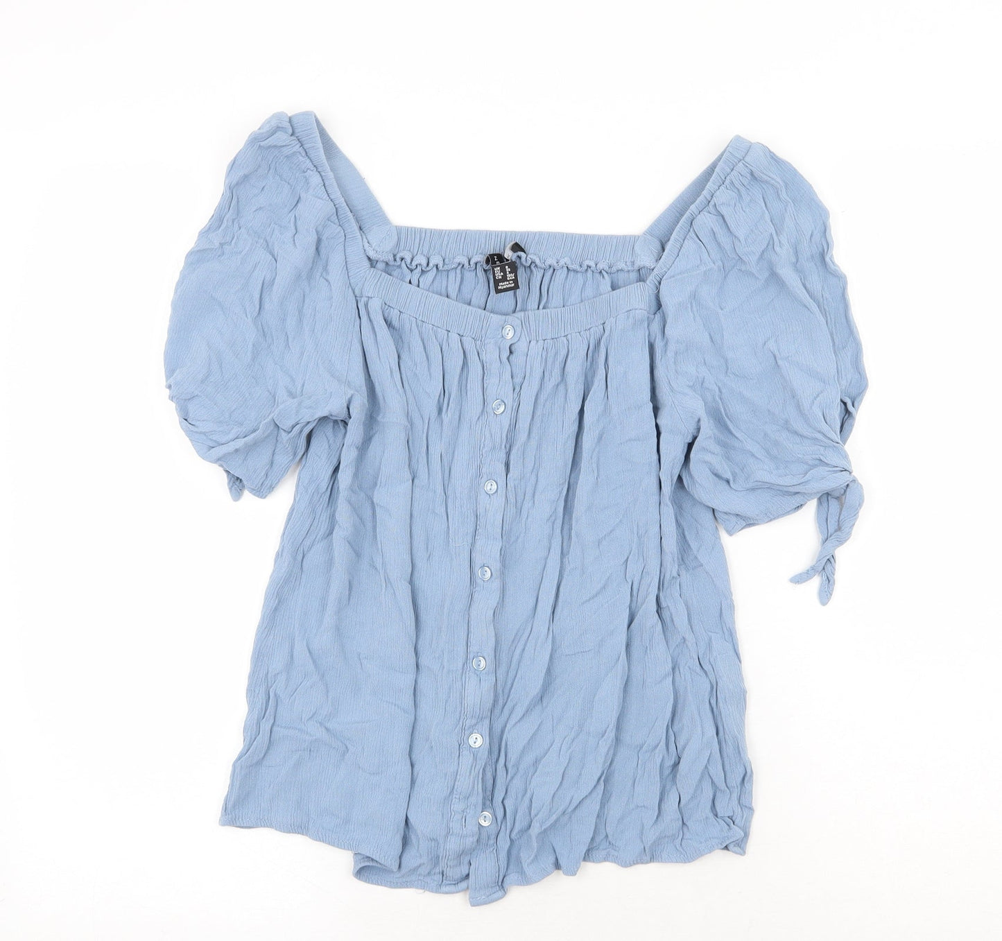 New Look Womens Blue Viscose Basic Blouse Size 8 Square Neck - Tie Sleeve Detail