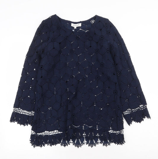 Society Eight Womens Blue Geometric Polyester Basic Blouse Size 8 Round Neck - Lace detail
