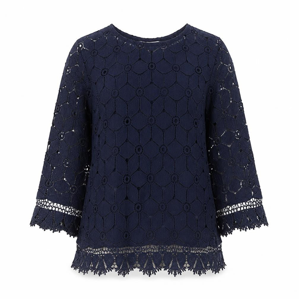 Society Eight Womens Blue Geometric Polyester Basic Blouse Size 8 Round Neck - Lace detail