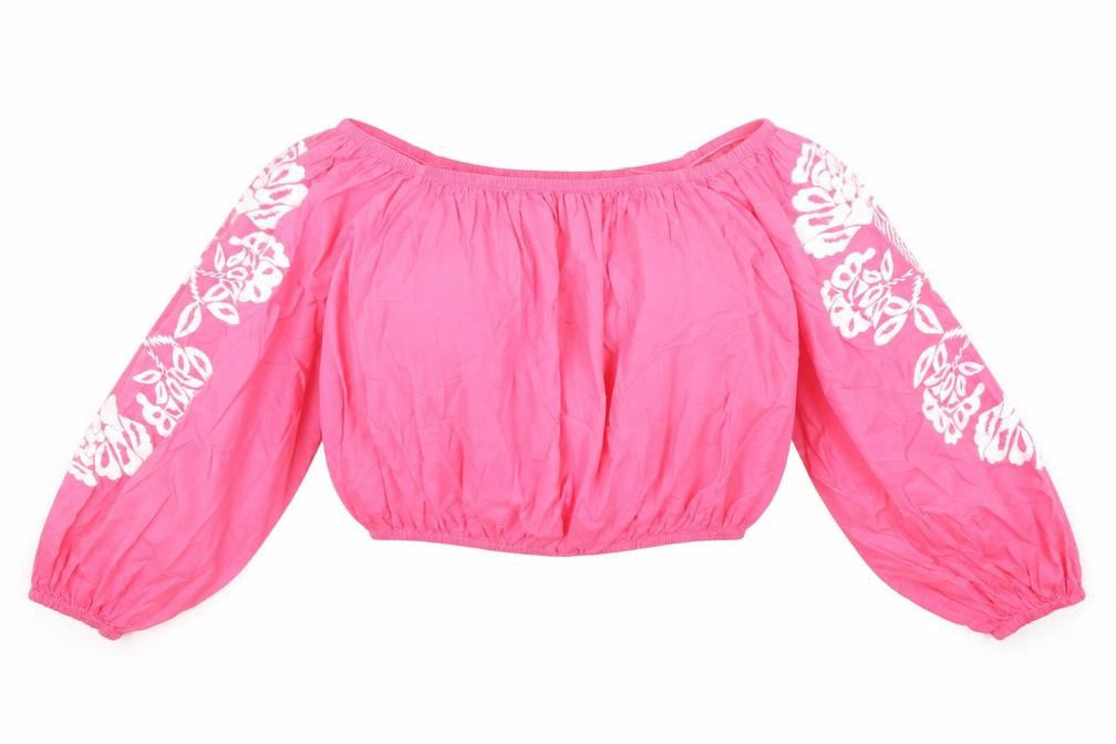 Marks & Spencer Womens Pink 100% Cotton Cropped Blouse Size 18 Off the Shoulder - Bardot