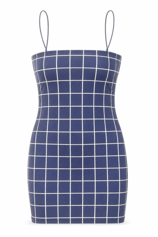 Zaful Womens Blue Check Polyester Mini Size M Square Neck Pullover