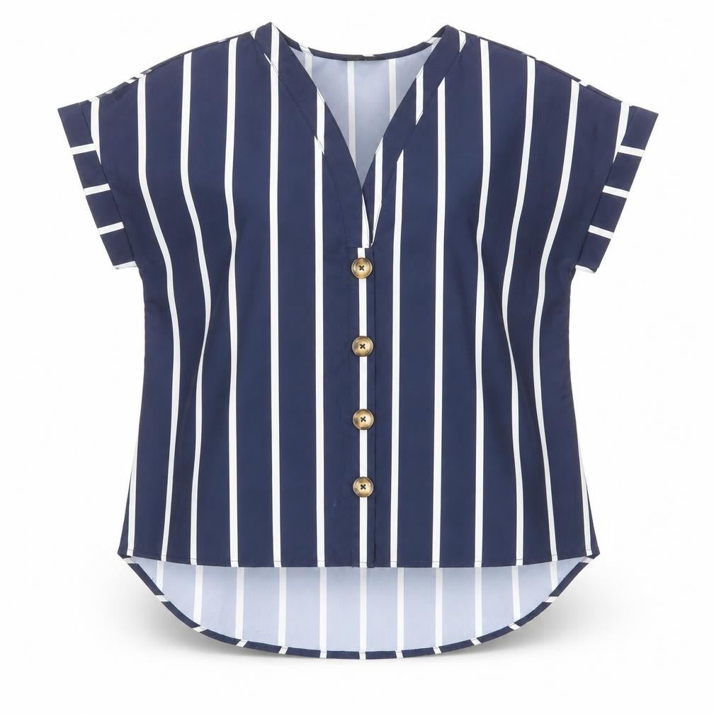 SheIn Womens Blue Striped Polyester Basic Blouse Size S V-Neck