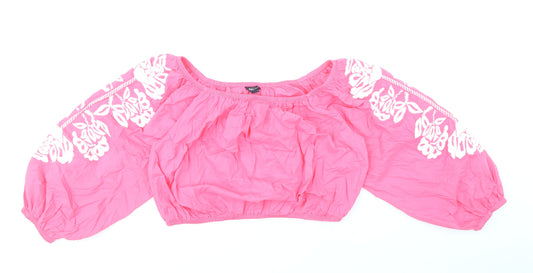 Marks and Spencer Womens Pink 100% Cotton Cropped Blouse Size 18 Boat Neck - Flower Detail