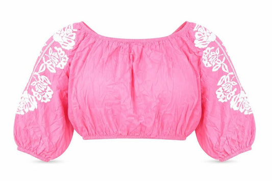 Marks and Spencer Womens Pink 100% Cotton Cropped Blouse Size 18 Boat Neck - Flower Detail