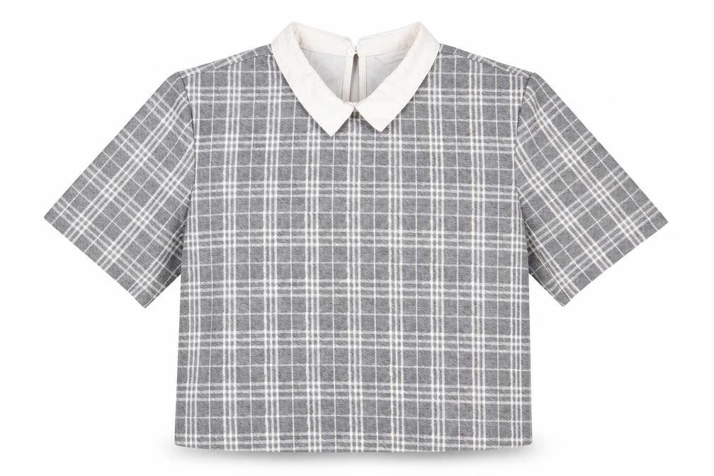 Padini Womens Grey Plaid Polyester Cropped T-Shirt Size M Collared