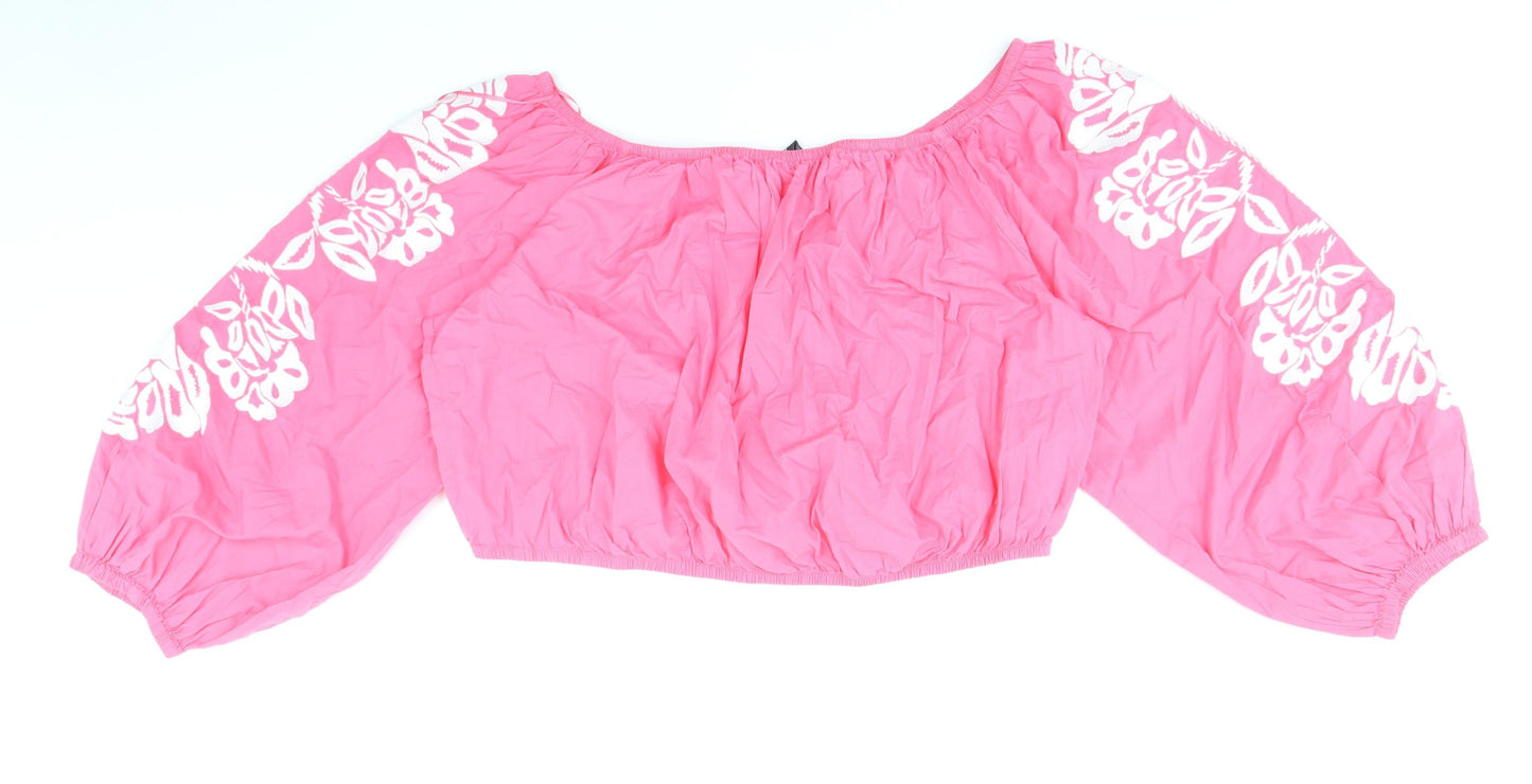 Marks and Spencer Womens Pink 100% Cotton Cropped Blouse Size 20 Boat Neck - Flower Detail