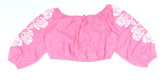 Marks and Spencer Womens Pink 100% Cotton Cropped Blouse Size 20 Boat Neck - Flower Detail