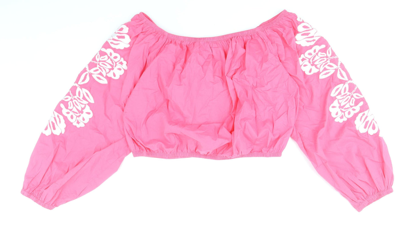 Marks and Spencer Womens Pink 100% Cotton Cropped Blouse Size 16 Boat Neck - Flower Detail