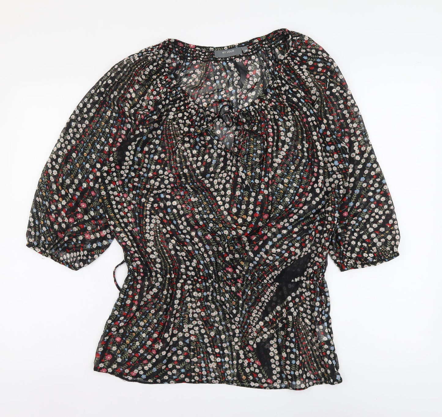 et vous Womens Black Floral Polyester Basic Blouse Size 10 Scoop Neck - Tie Neck