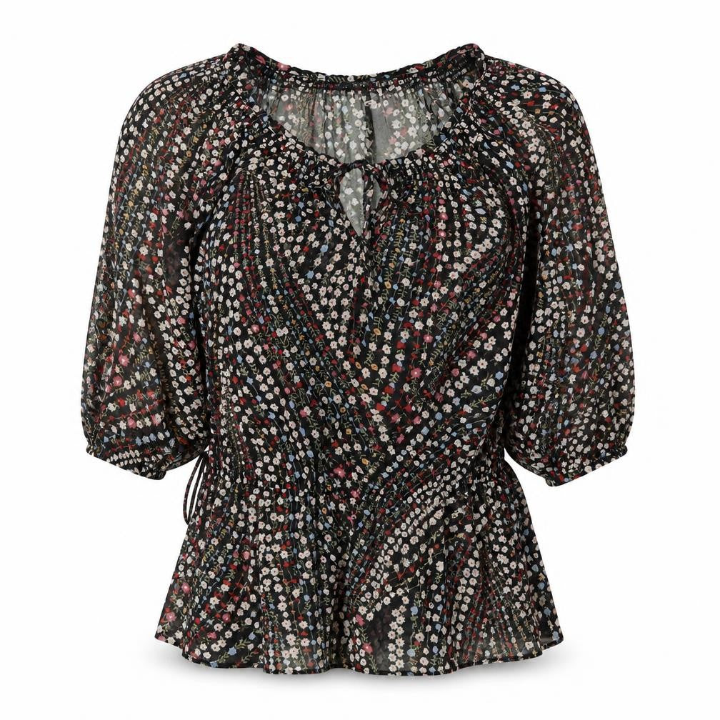 et vous Womens Black Floral Polyester Basic Blouse Size 10 Scoop Neck - Tie Neck
