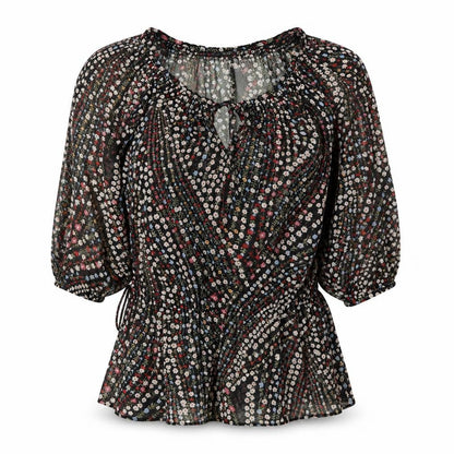 et vous Womens Black Floral Polyester Basic Blouse Size 10 Scoop Neck - Tie Neck