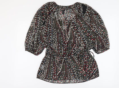 et vous Womens Black Floral Polyester Basic Blouse Size 10 Scoop Neck - Tie Neck
