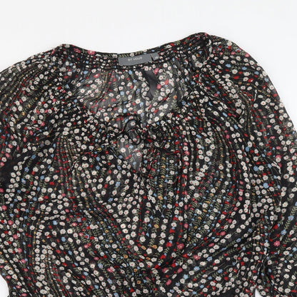 et vous Womens Black Floral Polyester Basic Blouse Size 10 Scoop Neck - Tie Neck