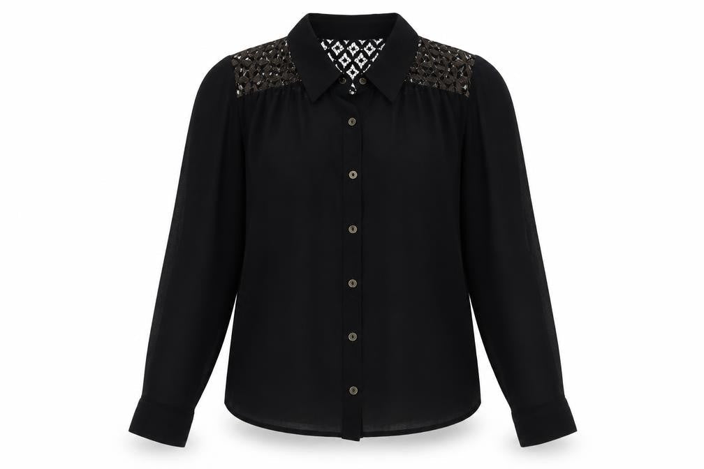 Goldie London Womens Black Polyester Cropped Button-Up Size S V-Neck - Lace detail on back
