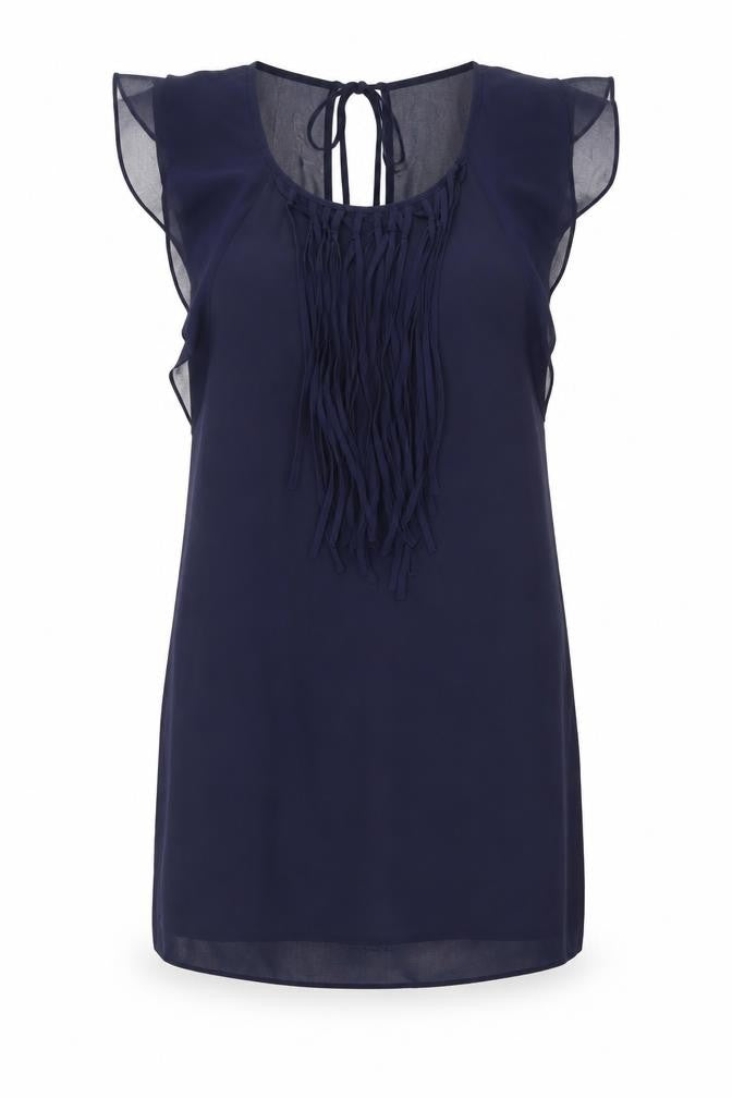 Warehouse Womens Blue Bamboo Shift Size 10 Round Neck Tie