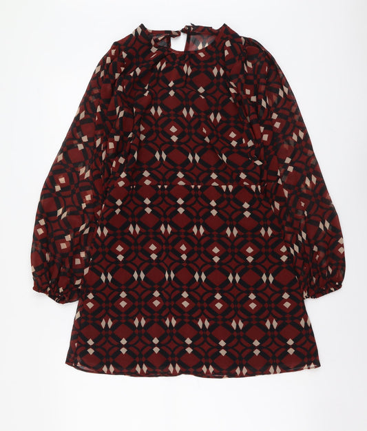 Zara Womens Brown Geometric Polyester Shift Size M Round Neck Button