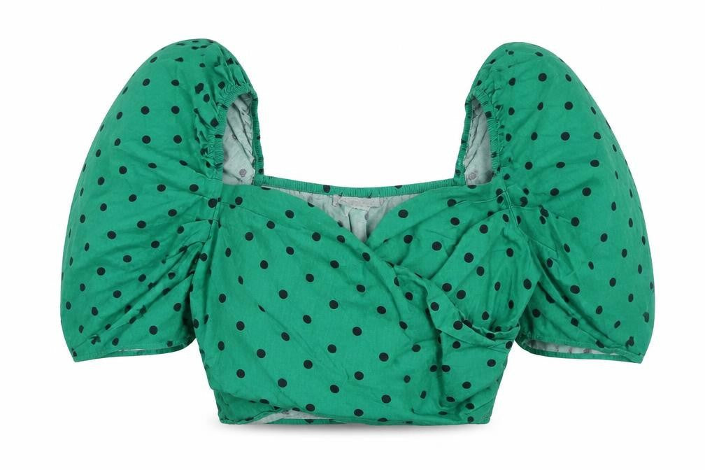 Pull&Bear Womens Green Polka Dot Cotton Cropped Blouse Size M Sweetheart
