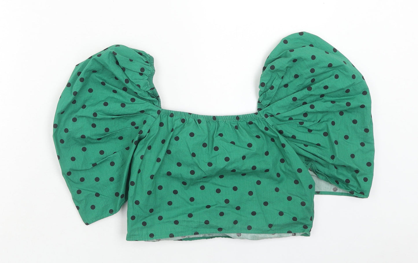 Pull&Bear Womens Green Polka Dot Cotton Cropped Blouse Size M Sweetheart