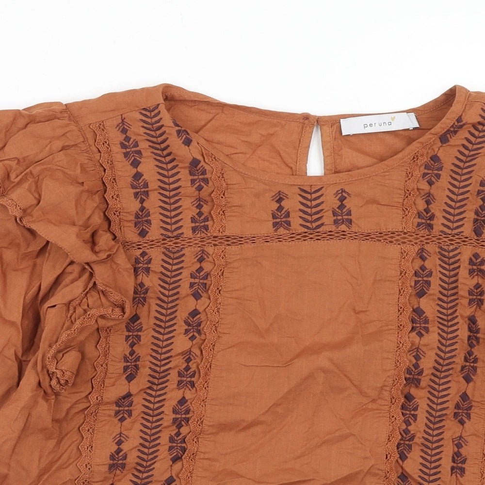 Marks and Spencer Womens Brown Cotton Basic Blouse Size 6 Round Neck
