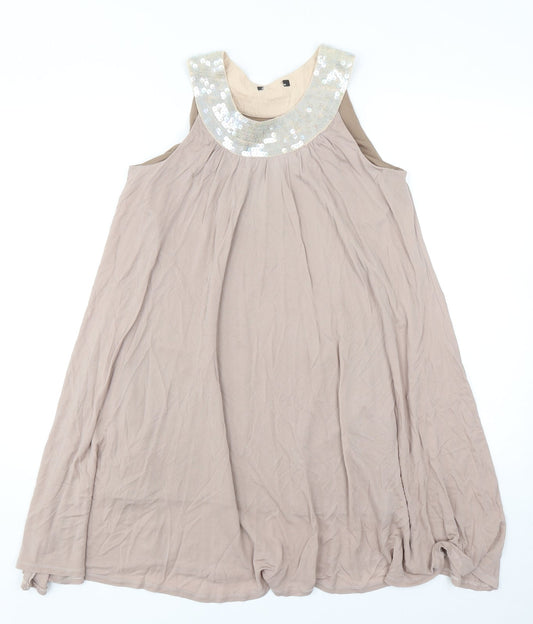 Preworn Womens Beige Polyester Trapeze & Swing Size 10 Round Neck Pullover - Embellished Neckline