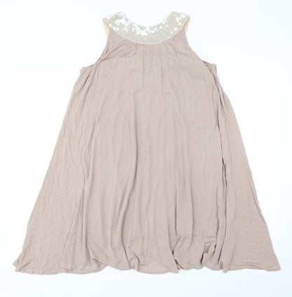 Womens Beige Polyester Trapeze & Swing Size 10 Round Neck Pullover - Embellished Neckline