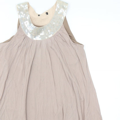 Womens Beige Polyester Trapeze & Swing Size 10 Round Neck Pullover - Embellished Neckline