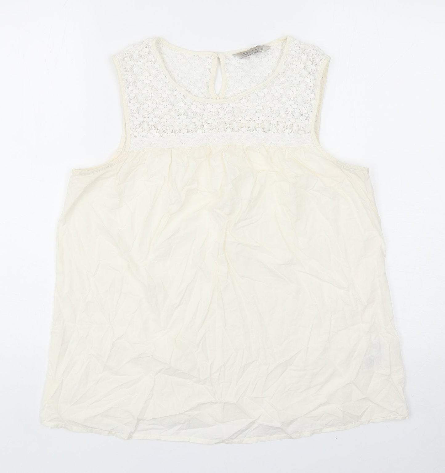 Marks and Spencer Womens Ivory Cotton Basic Tank Size 14 Scoop Neck - Lace Detail