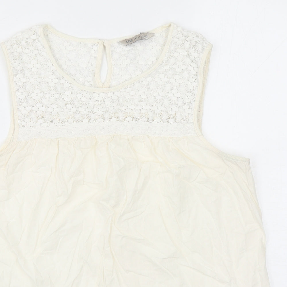 Marks and Spencer Womens Ivory Cotton Basic Tank Size 14 Scoop Neck - Lace Detail