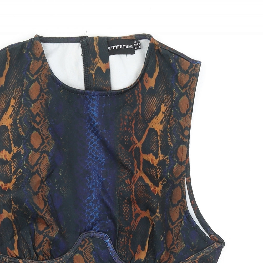 PRETTYLITTLETHING Womens Multicoloured Animal Print Polyester Basic Tank Size 8 Scoop Neck - Snake Skin Print