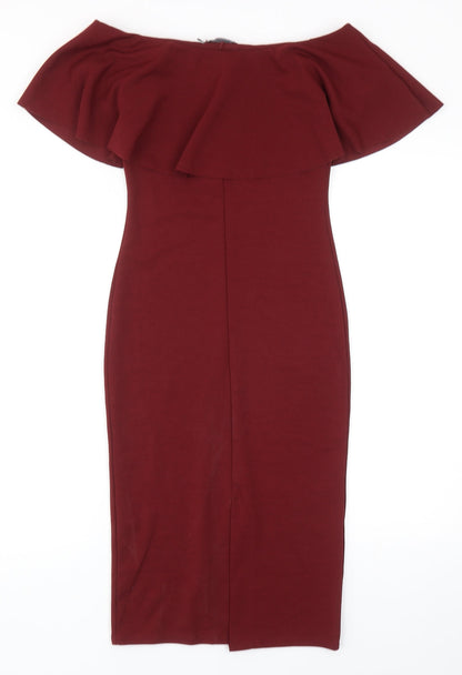 PRETTYLITTLETHING Womens Red Polyester Pencil Dress Size 8 Off the Shoulder Pullover