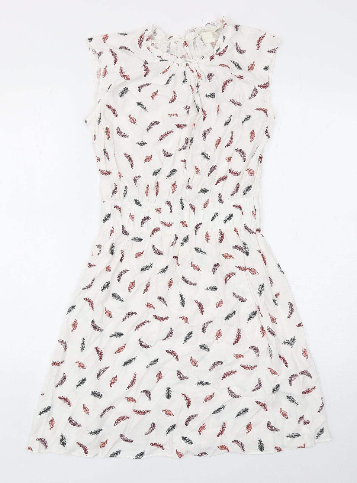 H&M Womens White Geometric Viscose Fit & Flare Size 6 Round Neck Button - Feather Print