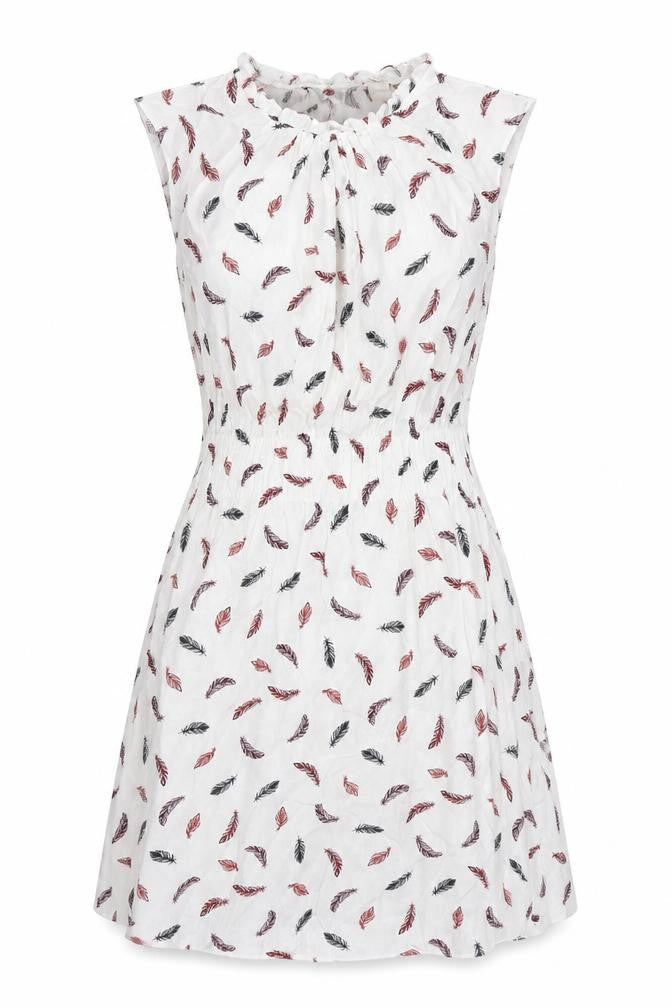 H&M Womens White Geometric Viscose Fit & Flare Size 6 Round Neck Button - Feather Print