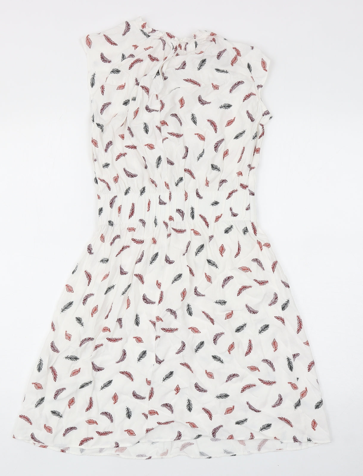 H&M Womens White Geometric Viscose Fit & Flare Size 6 Round Neck Button - Feather Print
