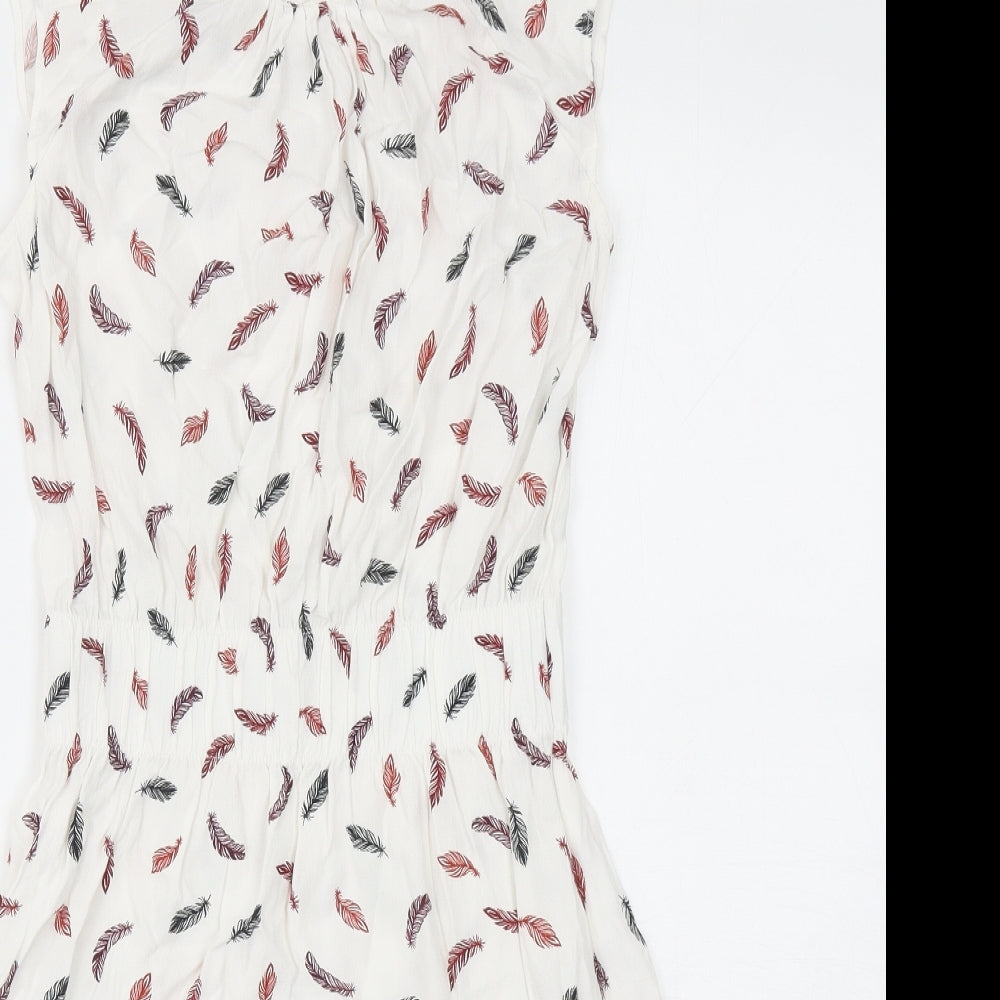 H&M Womens White Geometric Viscose Fit & Flare Size 6 Round Neck Button - Feather Print