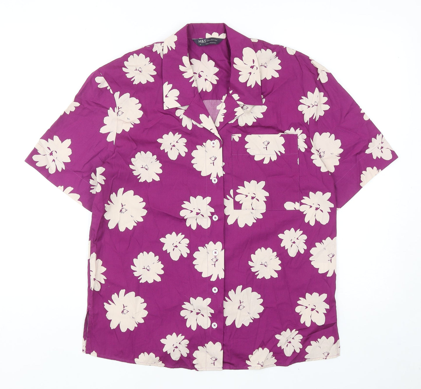 Marks and Spencer Womens Purple Floral Cotton Basic Button-Up Size 10 Collared