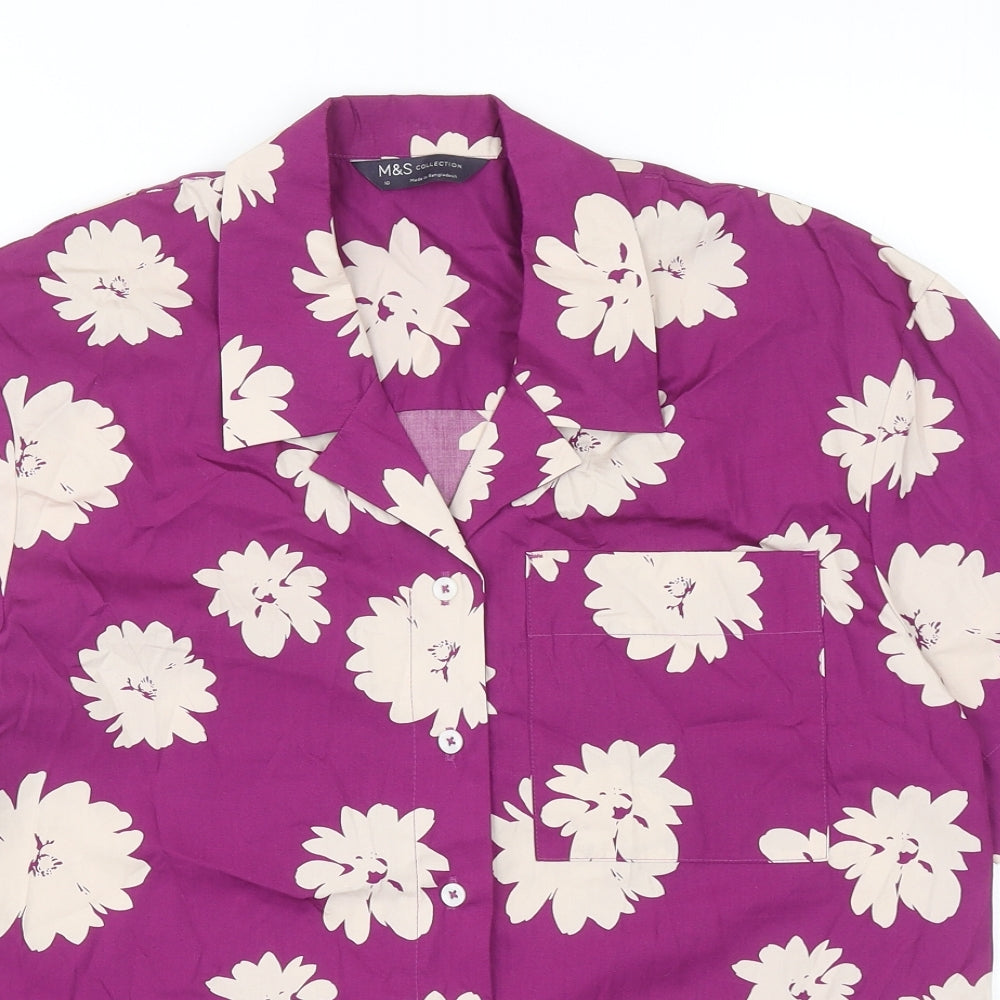 Marks and Spencer Womens Purple Floral Cotton Basic Button-Up Size 10 Collared